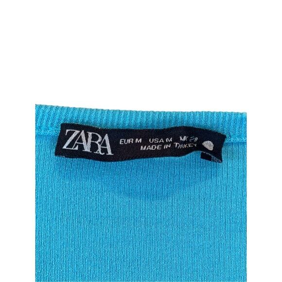 Zara Size Medium Rib Knit Crop Ruched Button Cardigan Top Blue - Picture 3 of 3